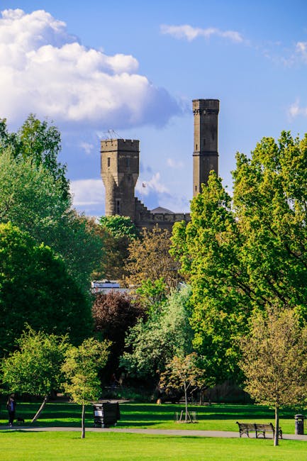 A lush, well-maintained urban park featuring a vibrant green lawn bordered by a variety of mature trees with fresh, leafy foliage in different shades of green. The grassy area is evenly trimmed with a smooth surface, and several paved pathways crisscross the park, encouraging leisurely walks. In the background, a historic stone castle with two prominent towers rises above the trees, contrasting the greenery with its weathered, textured stones. The sky above is bright with scattered fluffy white clouds, and the sunlight illuminates the scene, highlighting the textures of the soil, grass, and leaves. Visible gardening elements include neatly pruned trees and a general sense of outdoor maintenance, reflecting the efforts of garden maintenance professionals possibly engaged by [COMPANY_NAME] to preserve the park's tidy and inviting appearance. Public benches and trash bins are strategically placed along the pathways, inviting visitors to sit and enjoy the scenery. This setting demonstrates typical landscaping work aimed at maintaining a clean, attractive environment in an urban outdoor space near a historic landmark.
